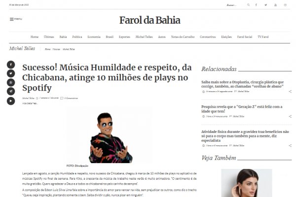 Música Humildade e respeito, do assessorado Chicabana, atinge 10 milhões de plays no Spotify